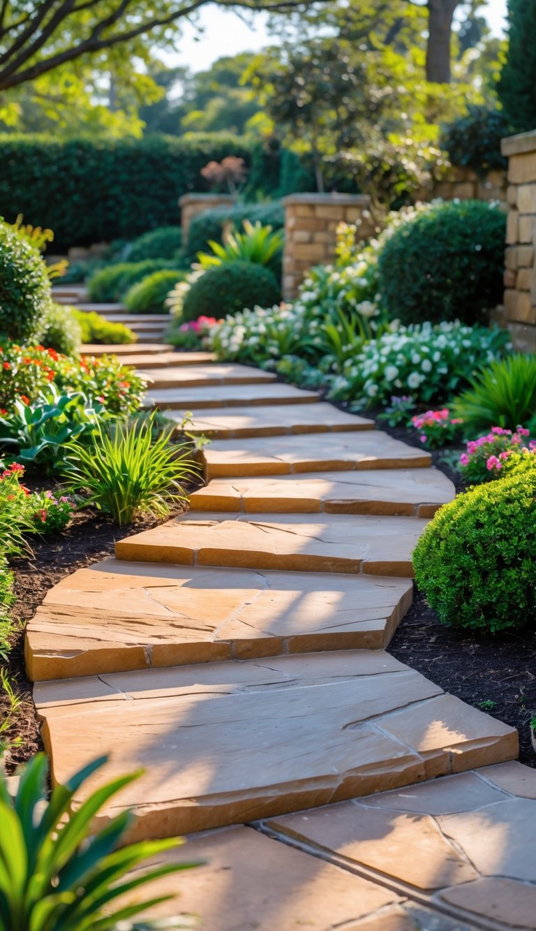 A sandstone pathway winding through a garden with green plants and colorful flowers.